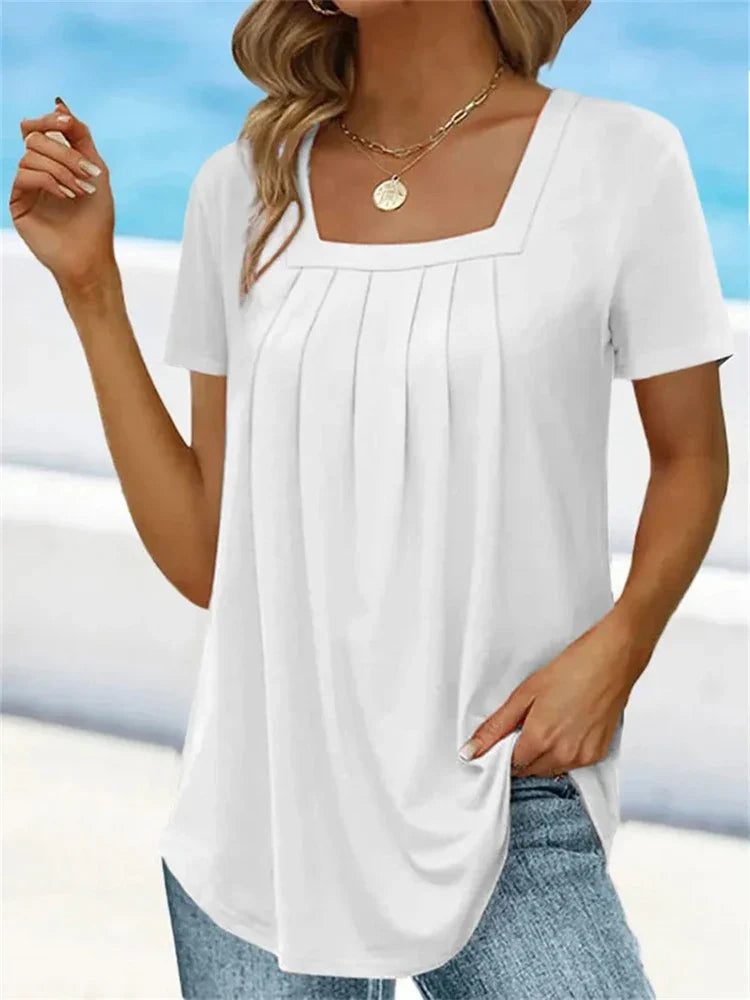 T-Shirt Plissé Élégant à Col Carré pour Femmes