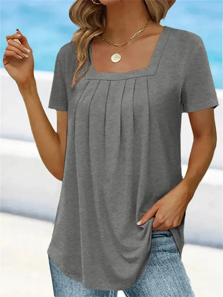 T-Shirt Plissé Élégant à Col Carré pour Femmes