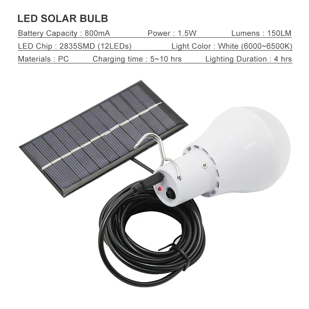 Ampoule LED Solaire Portable 5W avec Panneau Solaire — Crochet Suspension, Extérieur