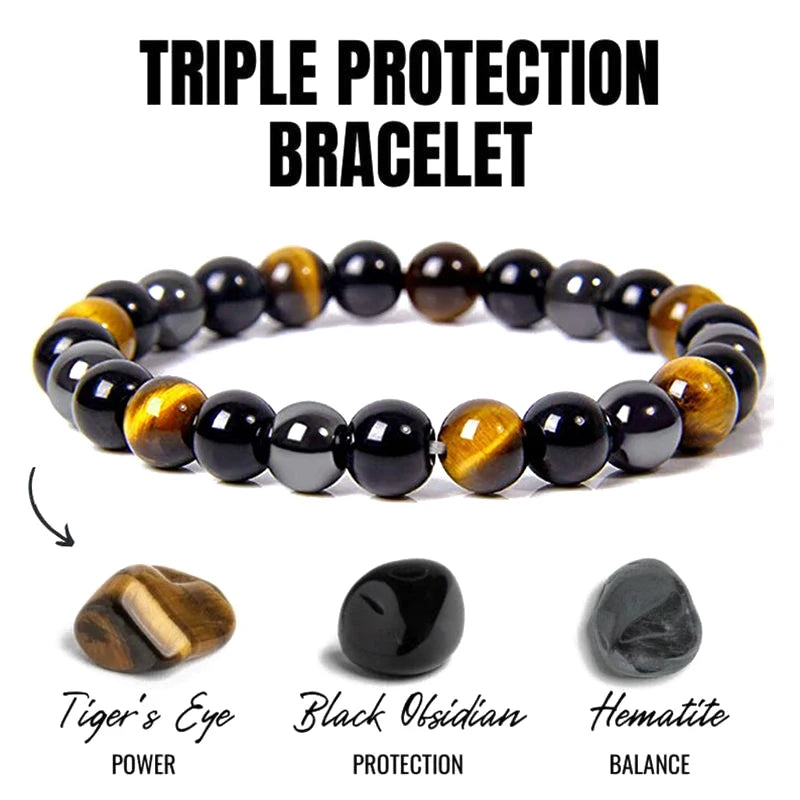 Bracelet Triple Protection - Œil de Tigre, Hématite et Obsidienne Noire