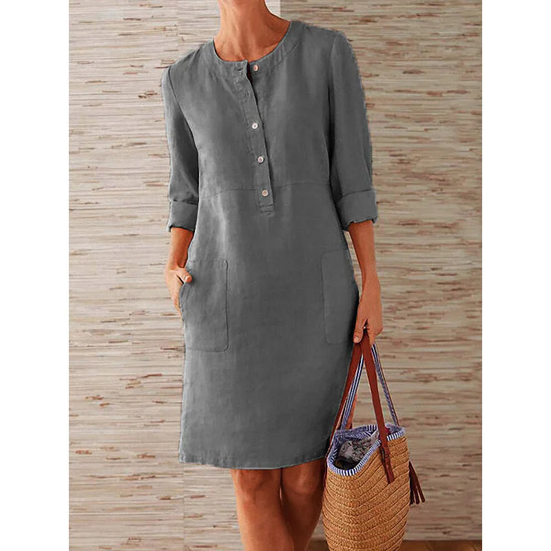 Tunic Dress with Mandarin Collar, Large Pockets & 3/4 Rolled-Up Sleeves