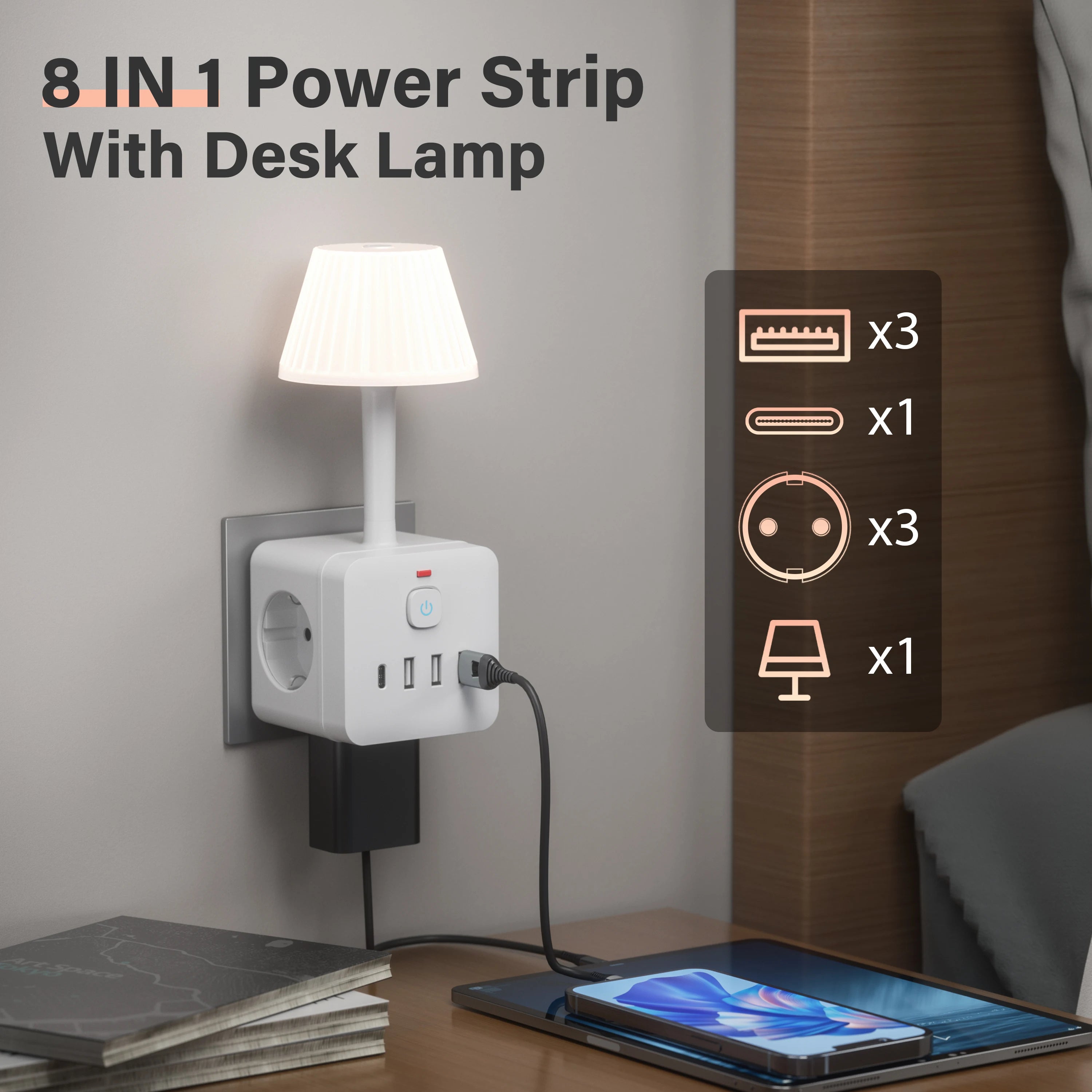 Lampe de Chevet + Multiprise 3 Prises & 4 Ports USB