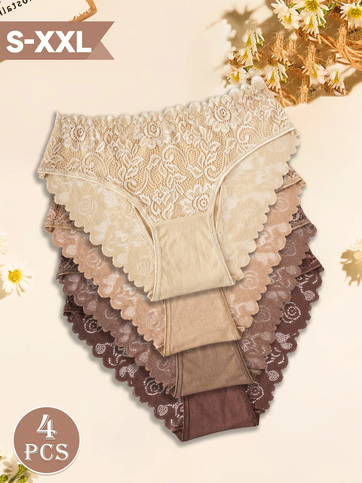 Lot de 4 Culottes Dentelle en Coton Doux, Confortable & Extensible – Tons Nude & Marron