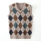 Pull sans manche col V à motif carreaux