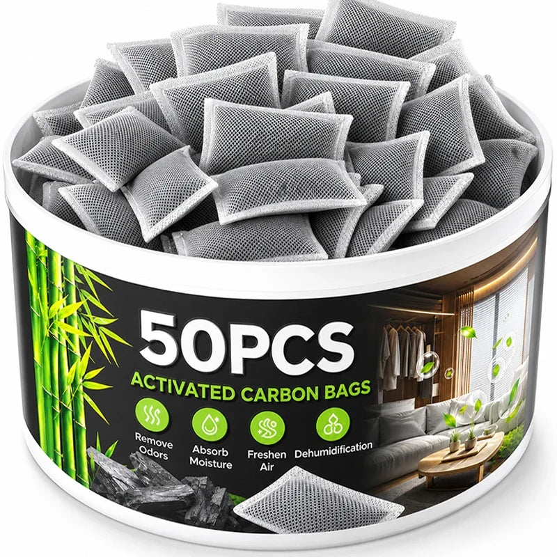 Lot de 50 Sacs de Charbon Actif Réutilisables – Absorbeur d’Humidité et Anti-Odeurs pour Voiture, Placard et Maison