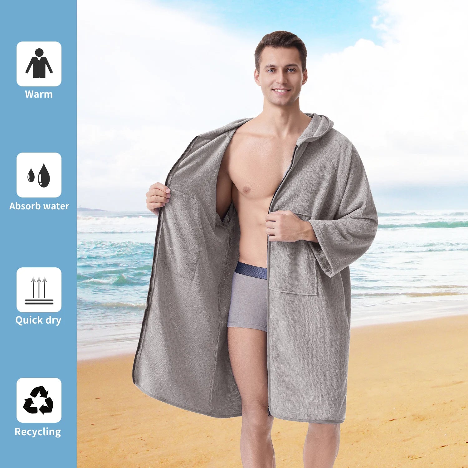 Peignoir de Bain en Microfibre à Capuche – Fermeture Éclair, Poches et Séchage Rapide
