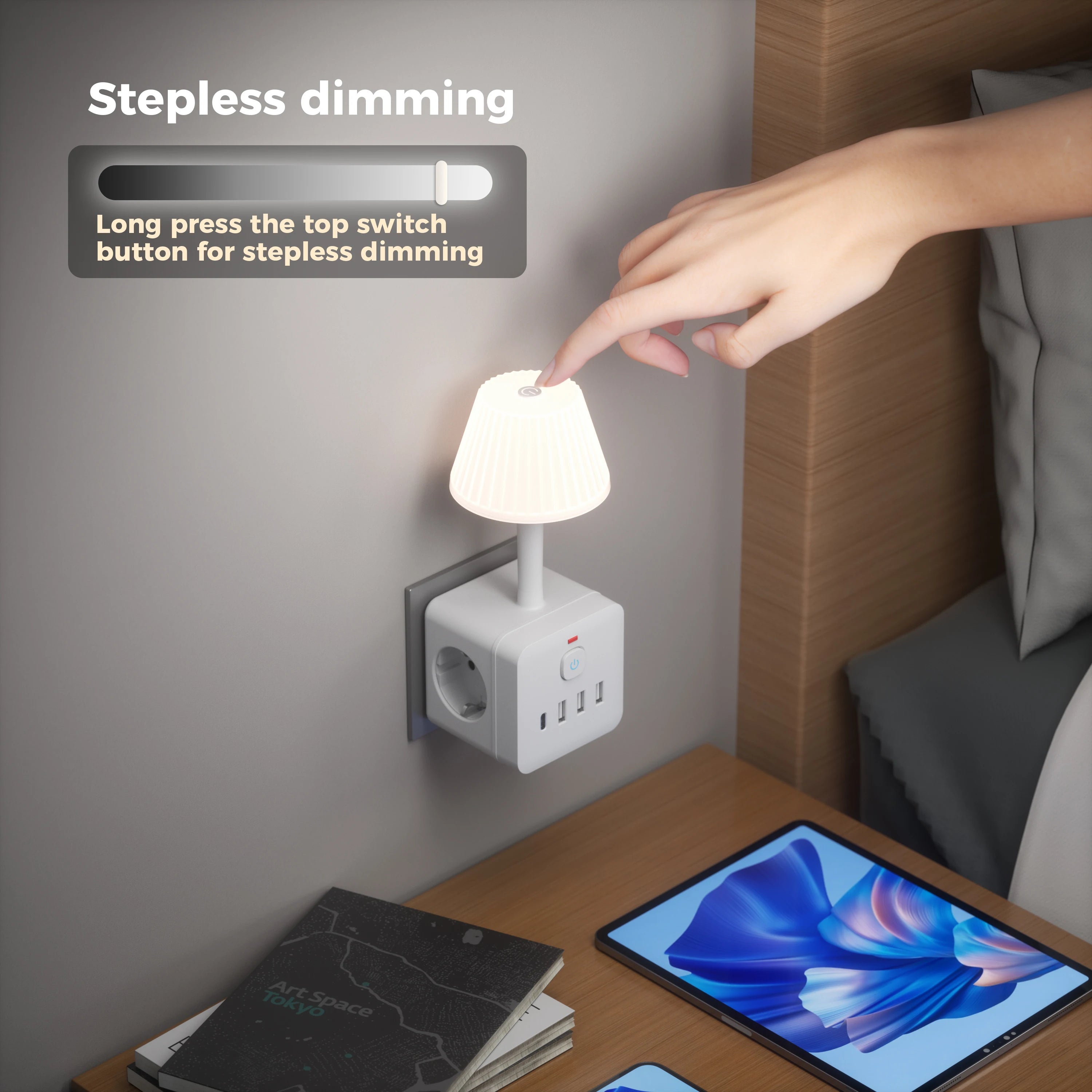 Lampe de Chevet + Multiprise 3 Prises & 4 Ports USB