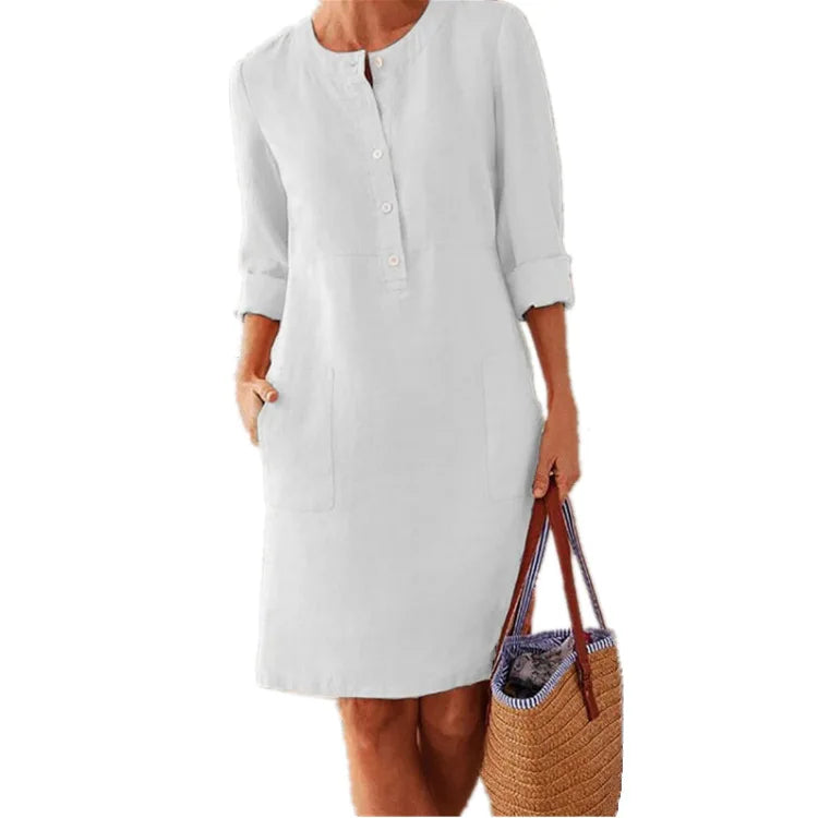 Tunic Dress with Mandarin Collar, Large Pockets & 3/4 Rolled-Up Sleeves