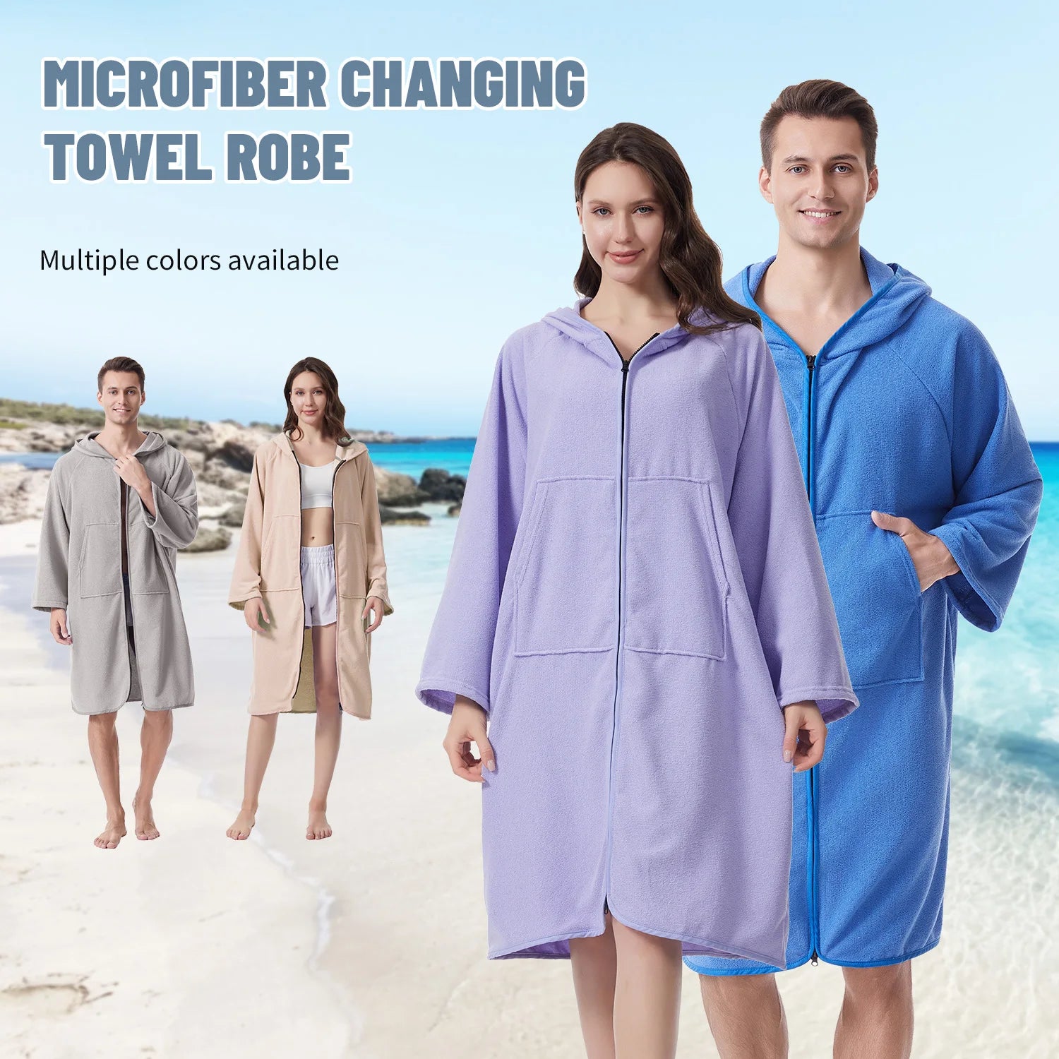 Peignoir de Bain en Microfibre à Capuche – Fermeture Éclair, Poches et Séchage Rapide