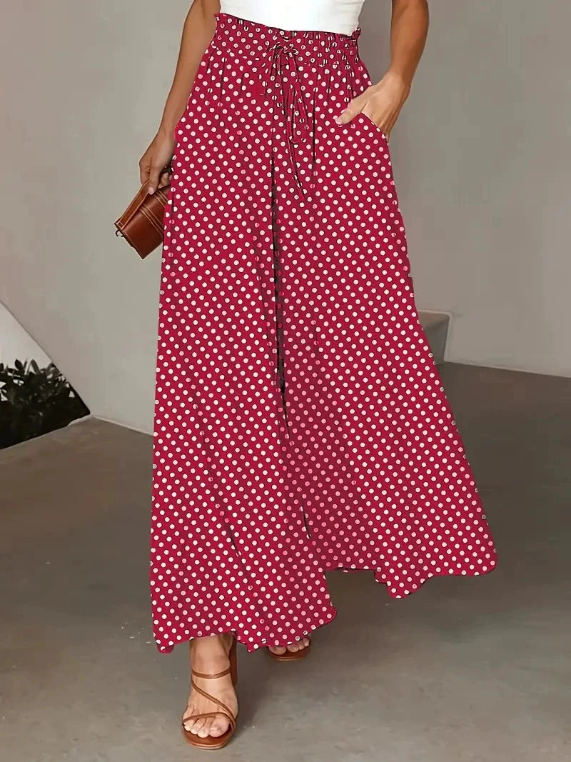 Pantalon Fluide à Jambes Larges avec Taille Élastique à Pois