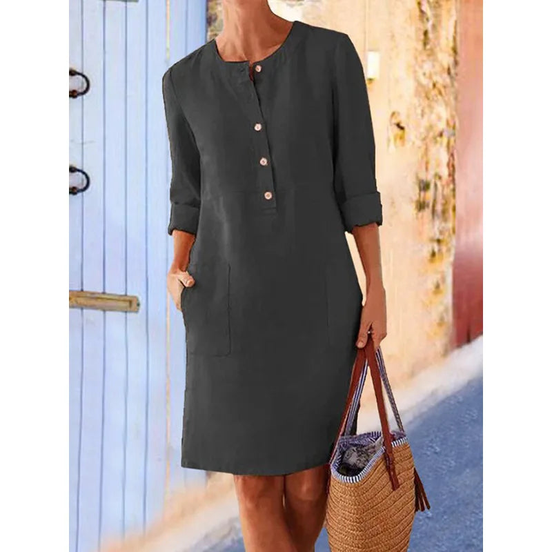 Tunic Dress with Mandarin Collar, Large Pockets & 3/4 Rolled-Up Sleeves