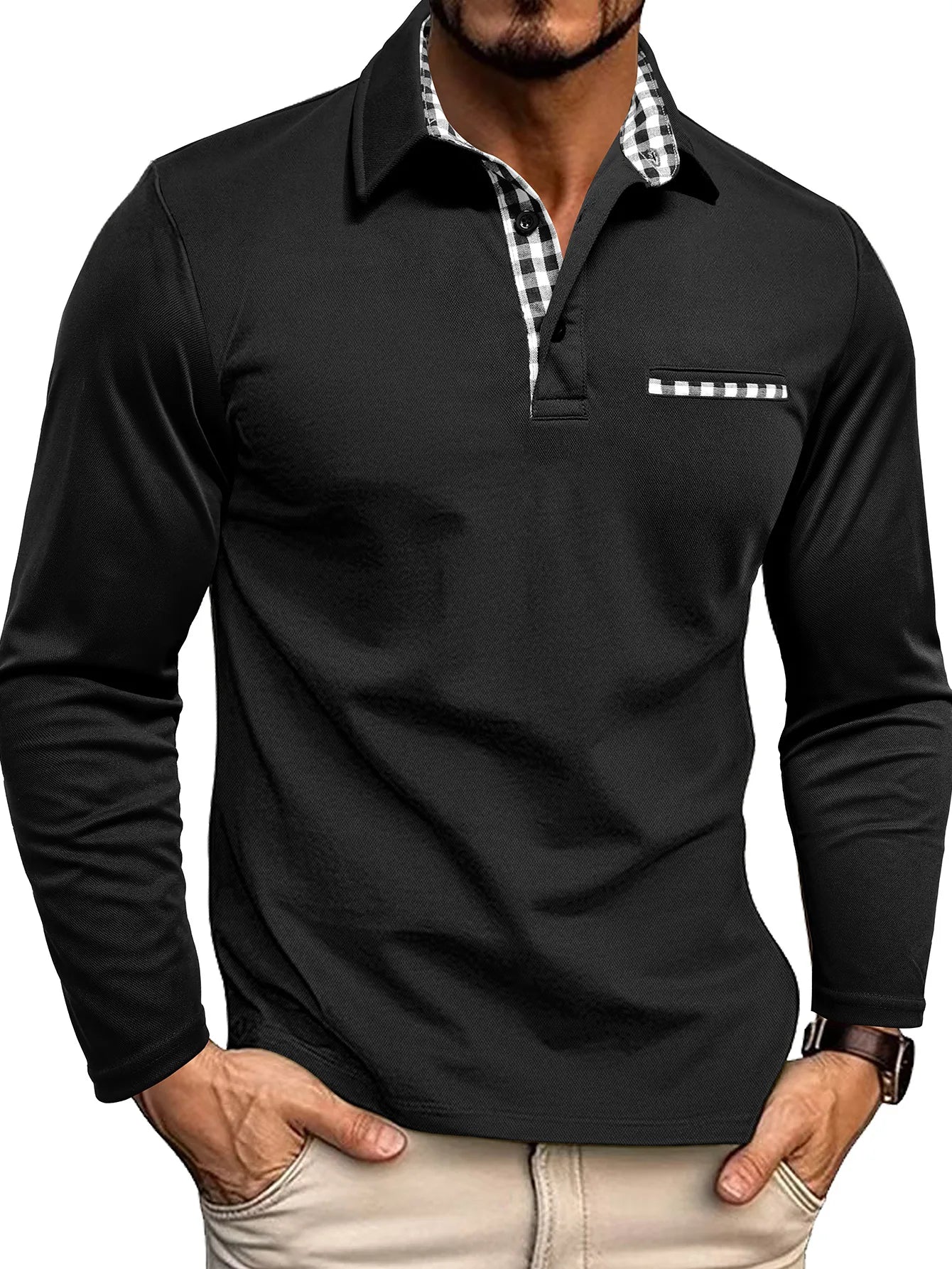 Polo Manches Longue Motif Tartant Col & Manches - Homme