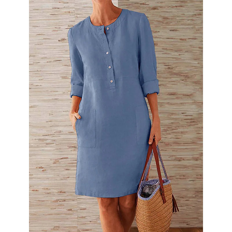 Tunic Dress with Mandarin Collar, Large Pockets & 3/4 Rolled-Up Sleeves