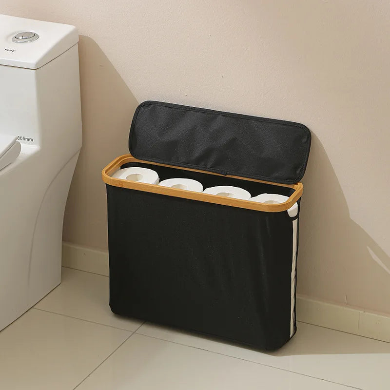 Panier Rangement Papier Toilette avec Couvercle & Fenêtre — Bord Bambou,Salle de Bain