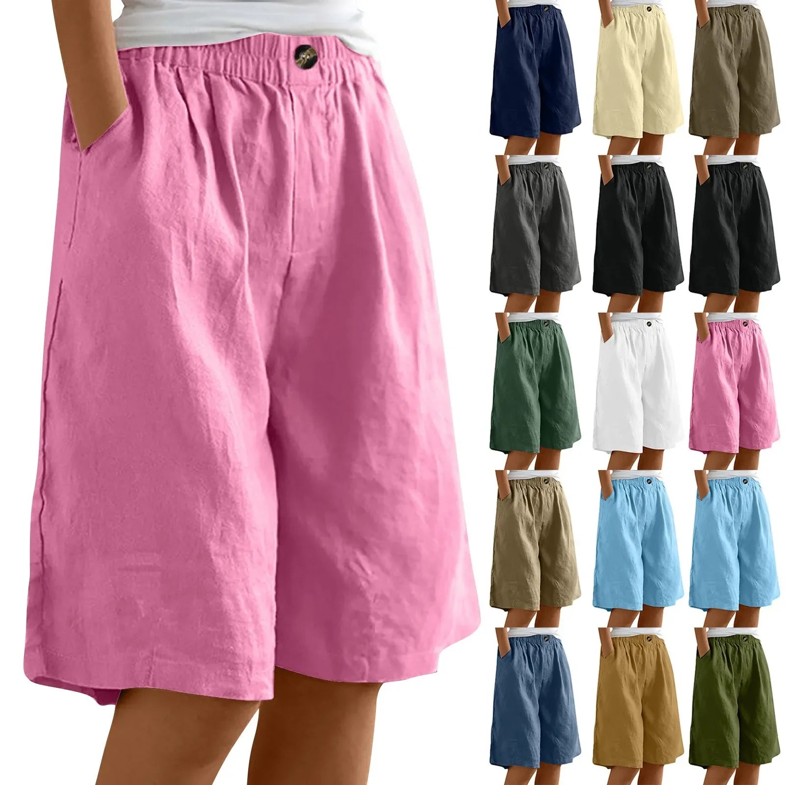 Short Long Femme Coton & Lin Taille Élastique