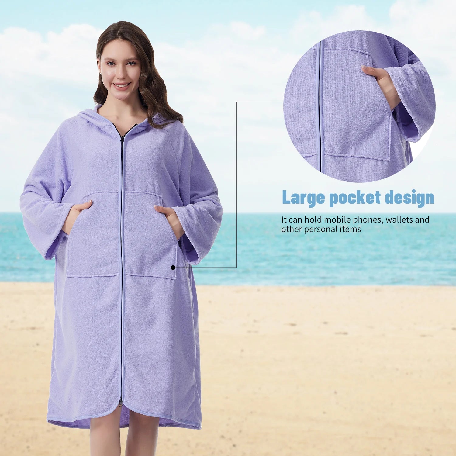 Peignoir de Bain en Microfibre à Capuche – Fermeture Éclair, Poches et Séchage Rapide