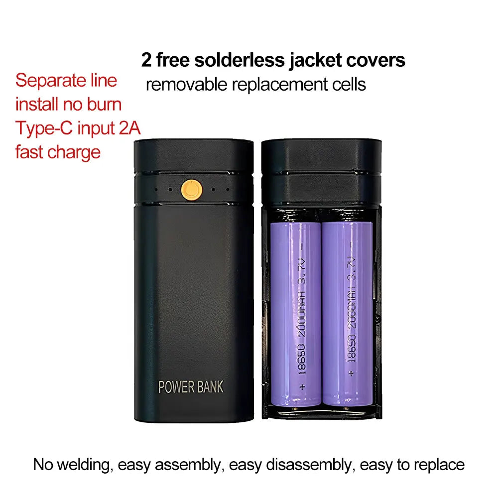 Batterie Externe Portable 2×18650 à Piles – Chargeur Portable 5V 2A USB + Type-C + LED
