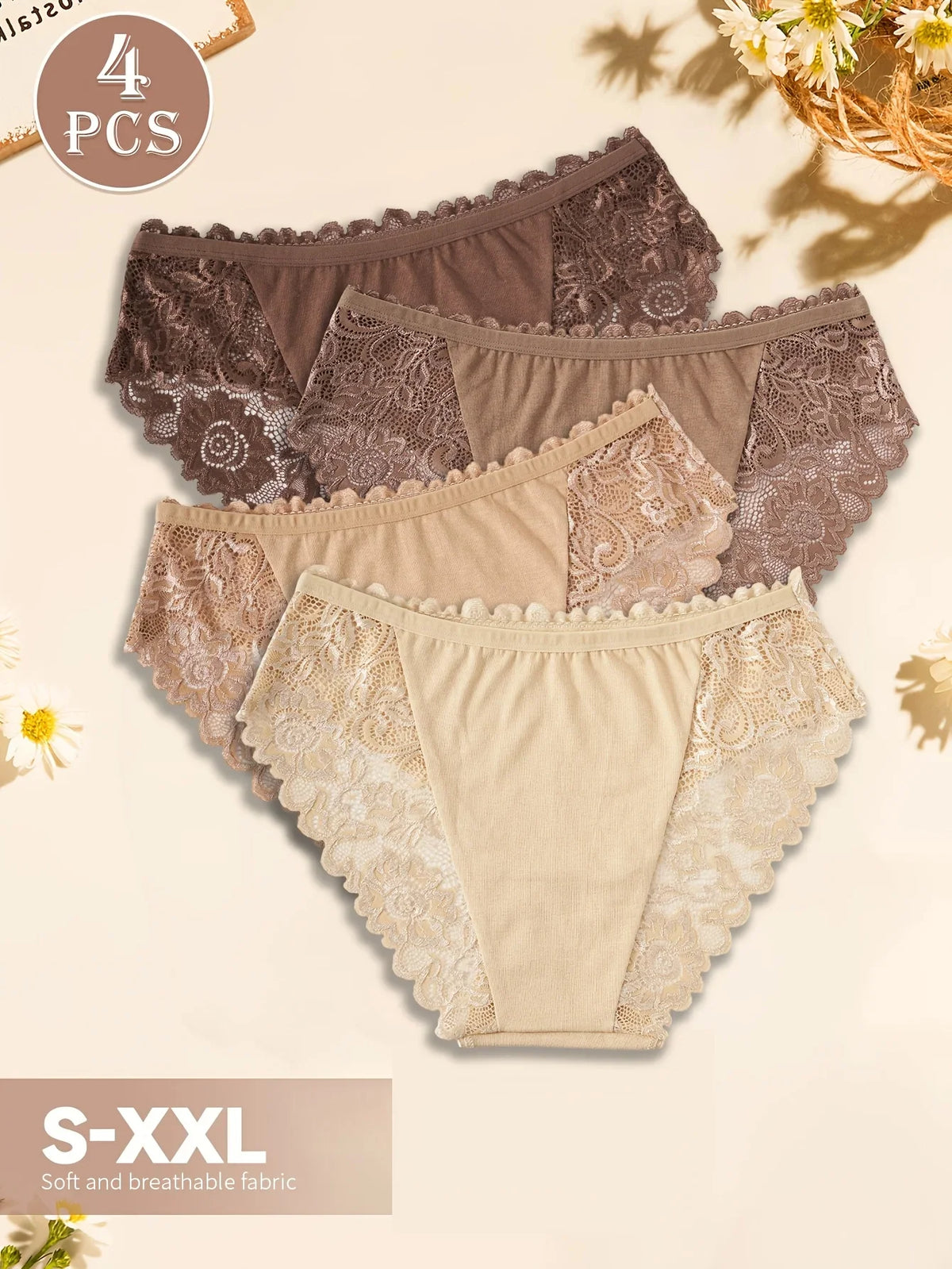 Lot de 4 Culottes Dentelle en Coton Doux, Confortable & Extensible – Tons Nude & Marron