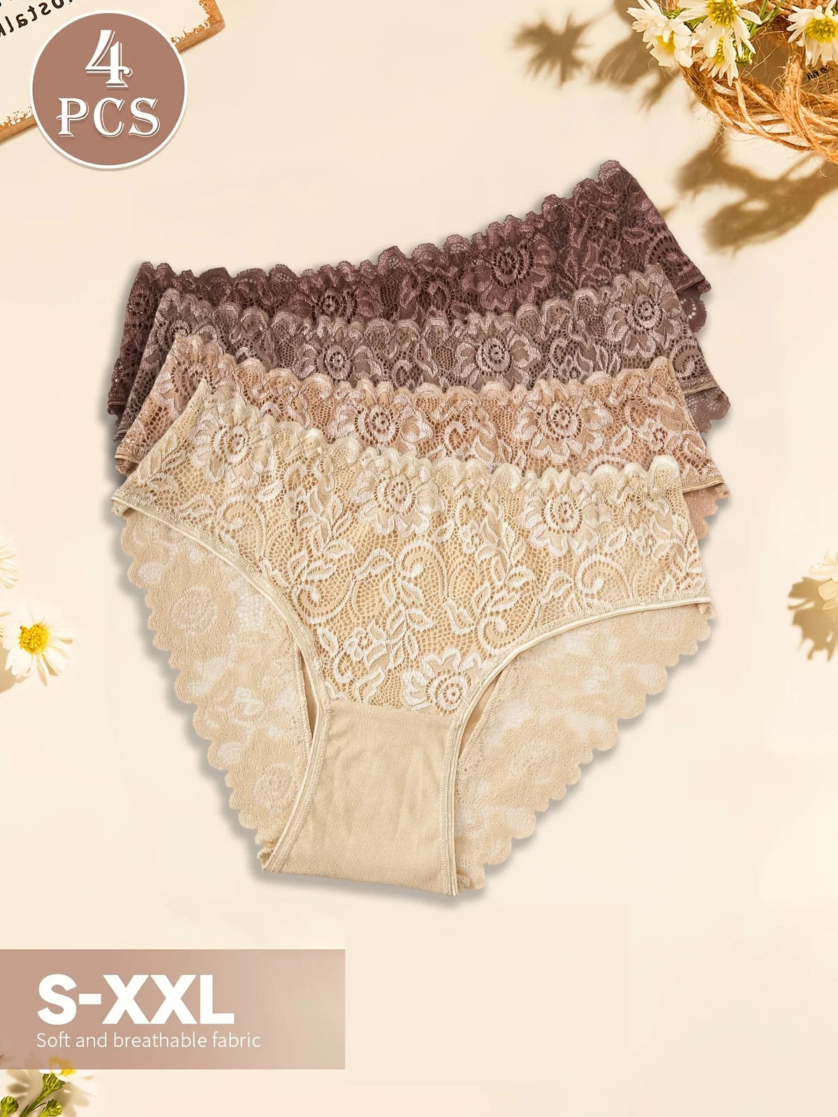 Lot de 4 Culottes Dentelle en Coton Doux, Confortable & Extensible – Tons Nude & Marron