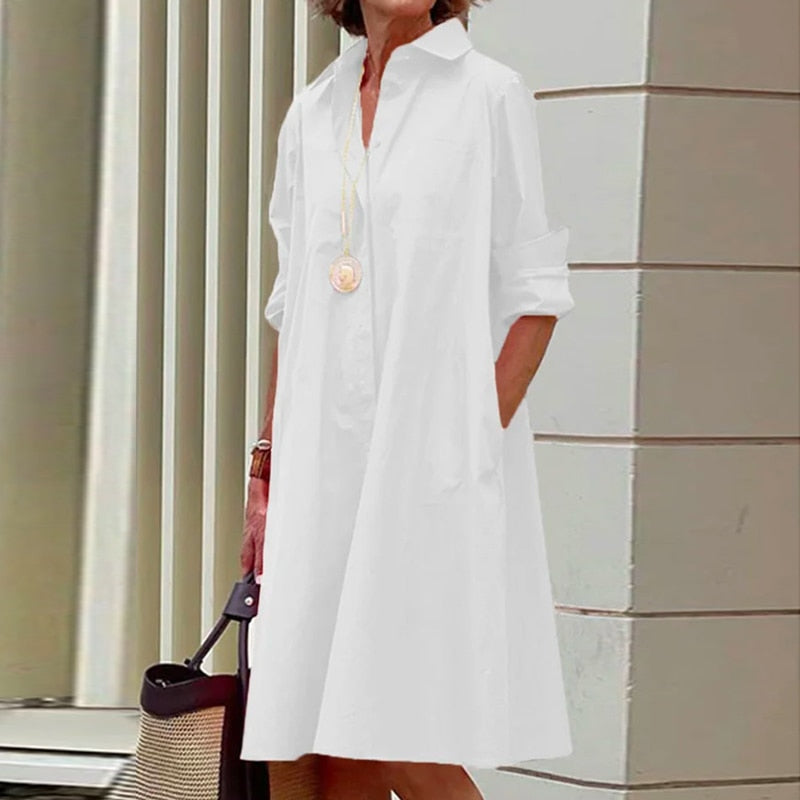 Robe chemise mi-longue col rabattu et poches - Collection 2024