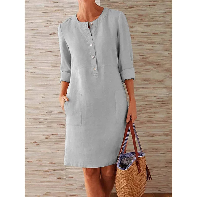 Tunic Dress with Mandarin Collar, Large Pockets & 3/4 Rolled-Up Sleeves