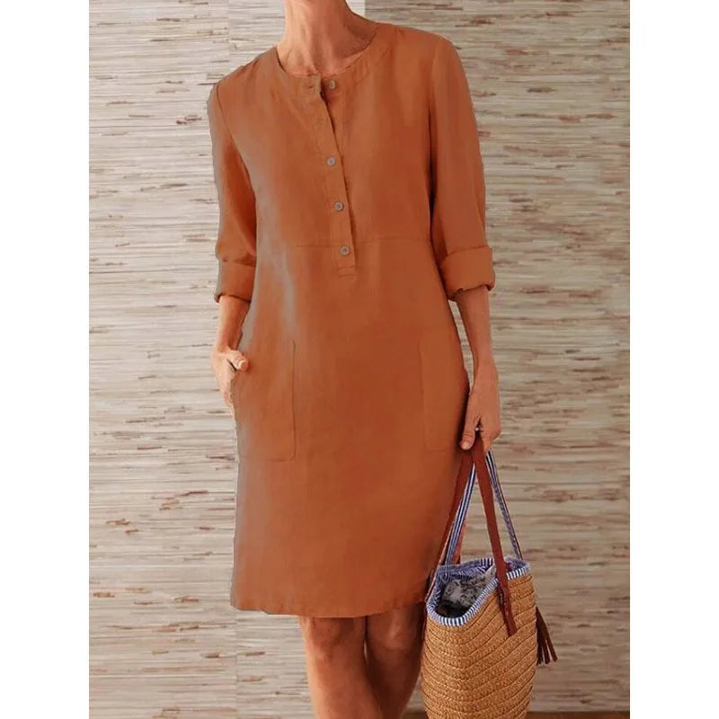 Tunic Dress with Mandarin Collar, Large Pockets & 3/4 Rolled-Up Sleeves