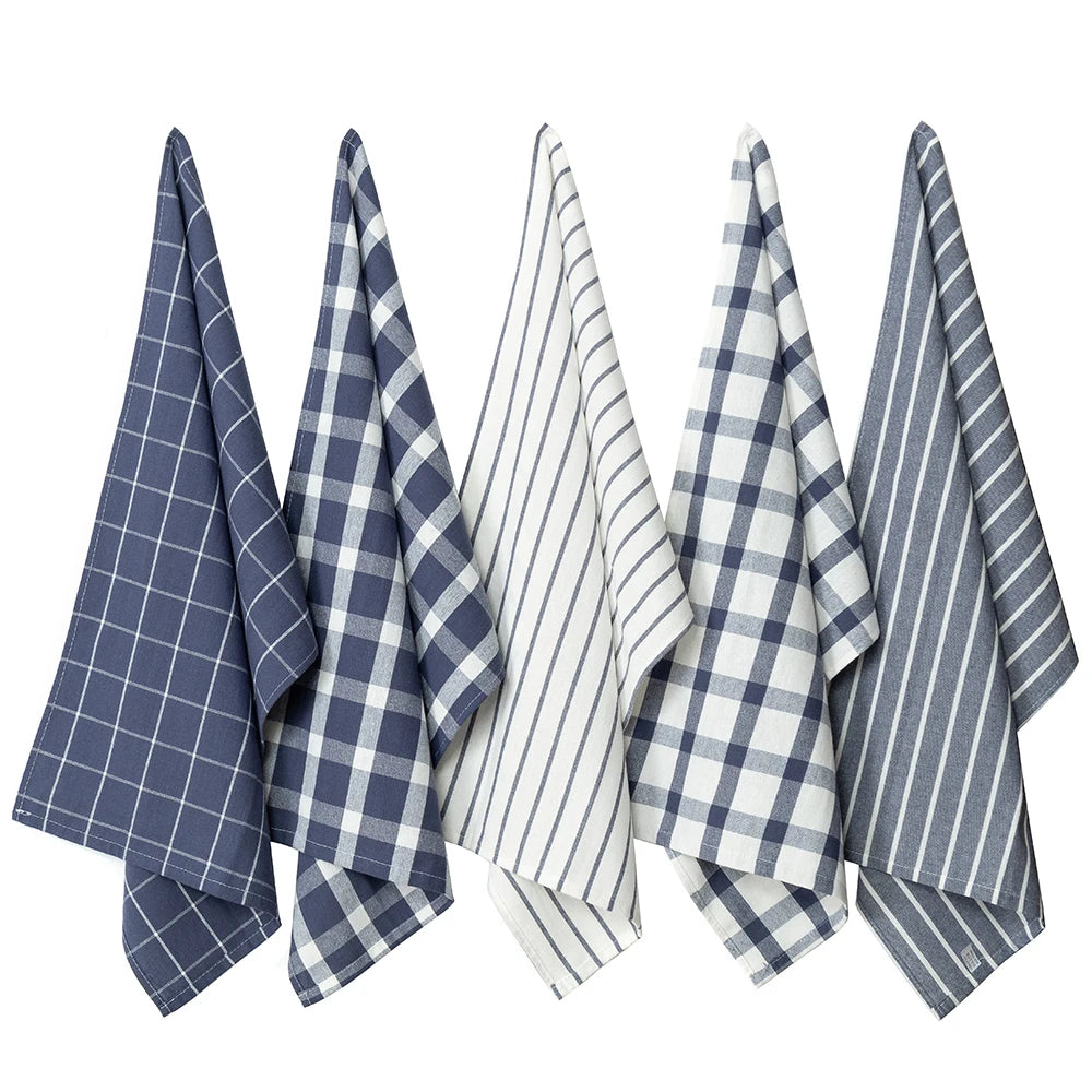 Lot de 5 Chiffons Ultra-Absorbants Bleu & Blanc en 100% Pur Coton 45x70cm