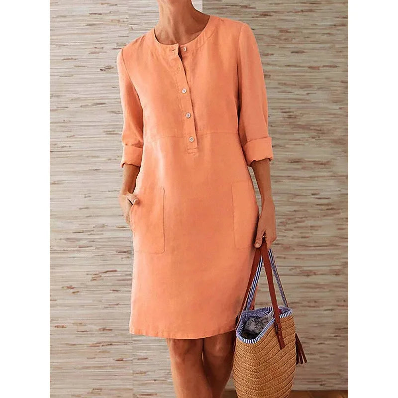 Tunic Dress with Mandarin Collar, Large Pockets & 3/4 Rolled-Up Sleeves