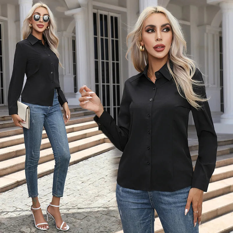 Chemise Femme Unie Manches Longues Col Rabattu