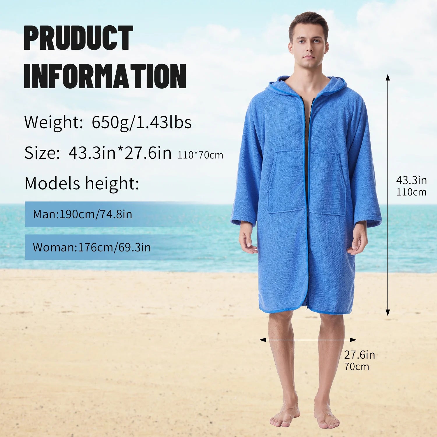 Peignoir de Bain en Microfibre à Capuche – Fermeture Éclair, Poches et Séchage Rapide