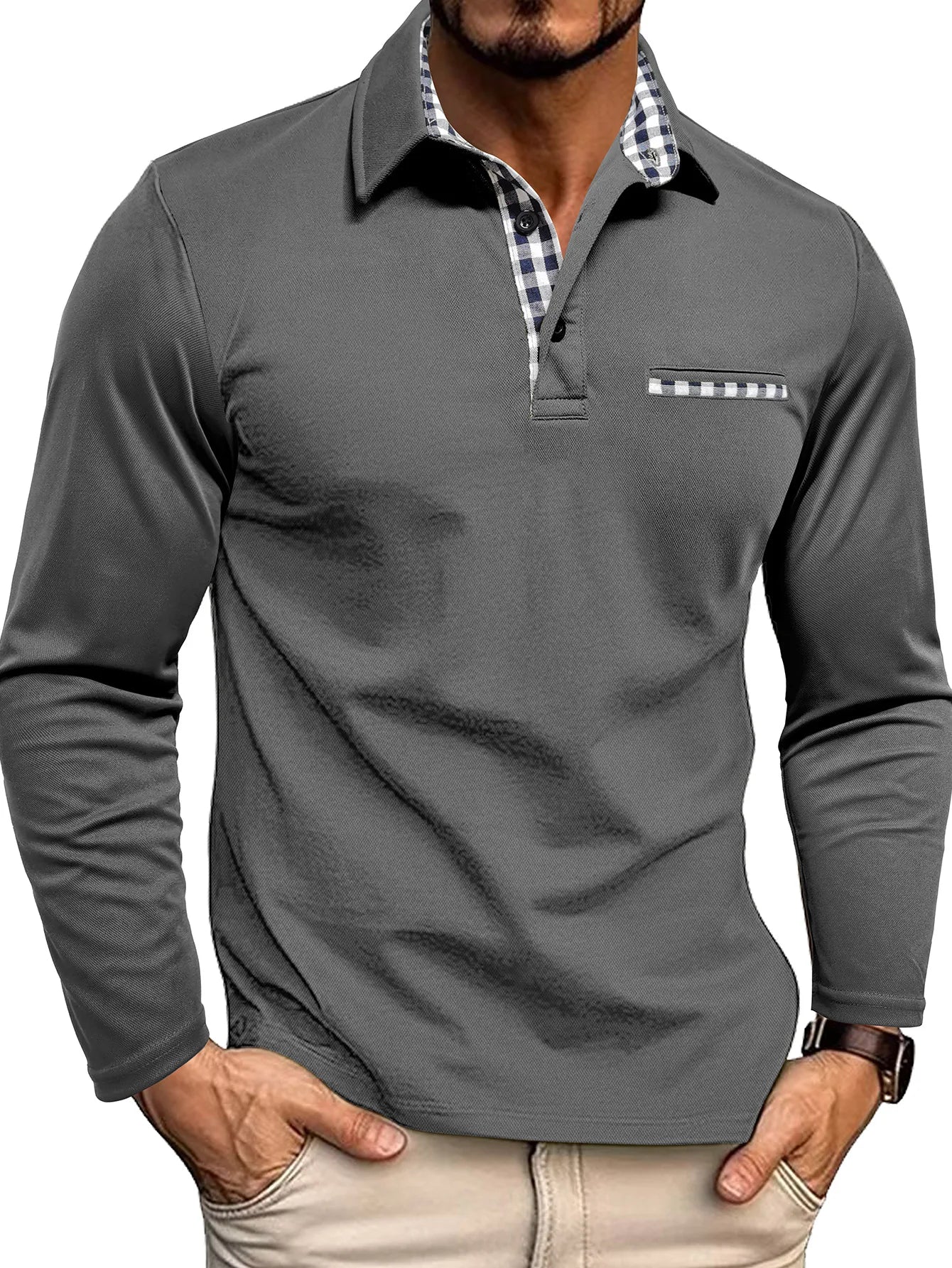 Polo Manches Longue Motif Tartant Col & Manches - Homme