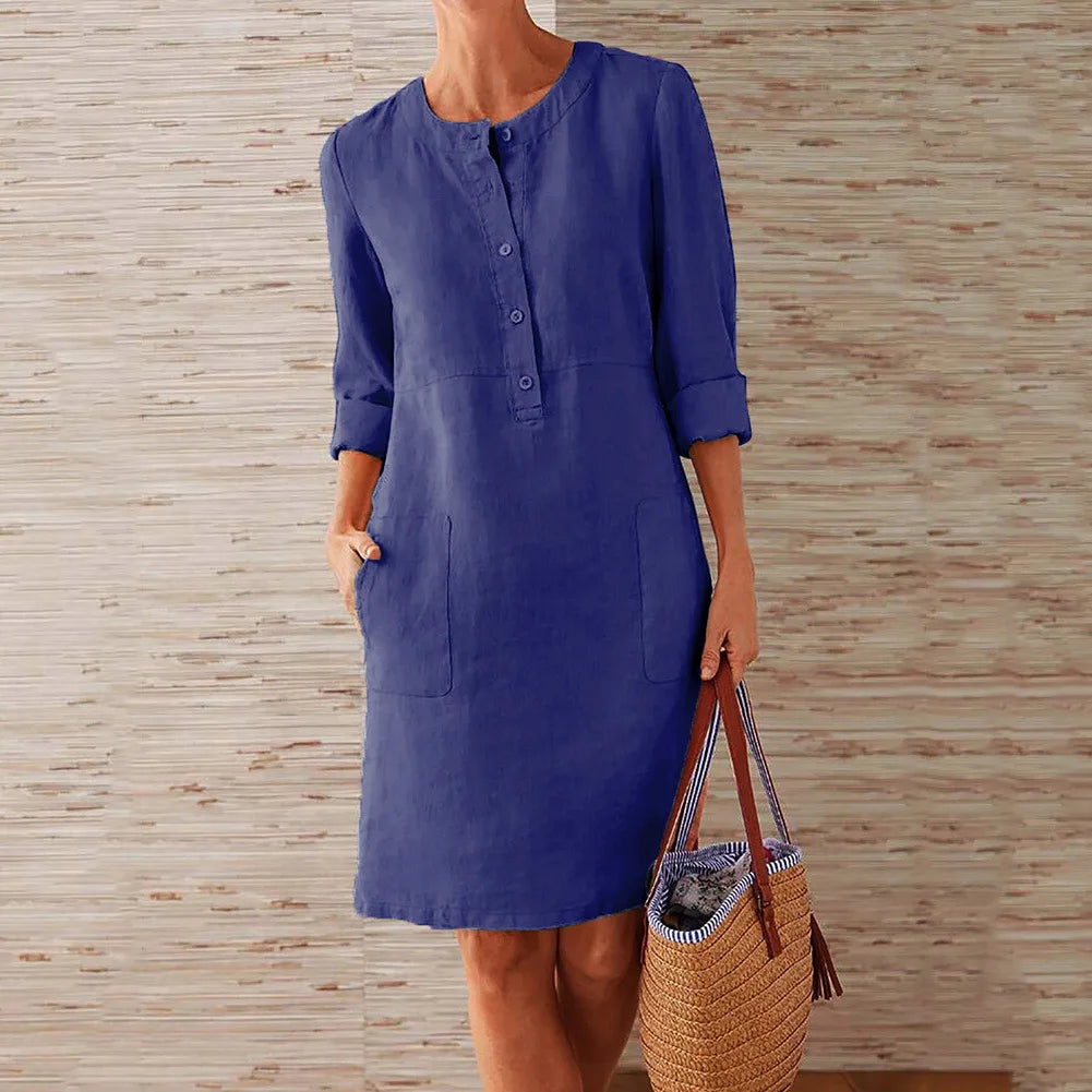 Tunic Dress with Mandarin Collar, Large Pockets & 3/4 Rolled-Up Sleeves