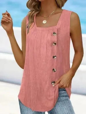Women's Square Neck Pleated Tank Top – Sleeveless with Decorative Buttons and Flowy Fit