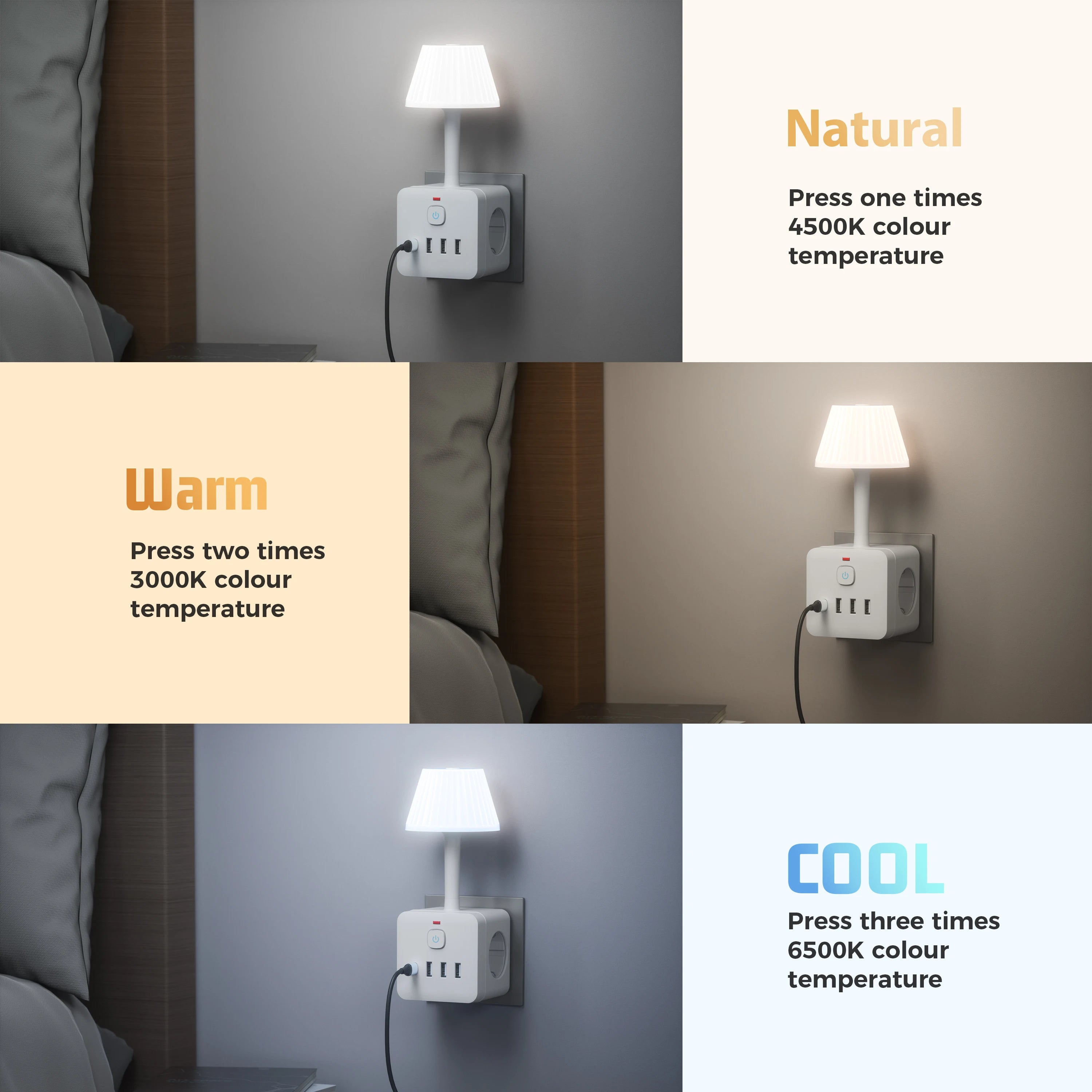 Lampe de Chevet + Multiprise 3 Prises & 4 Ports USB