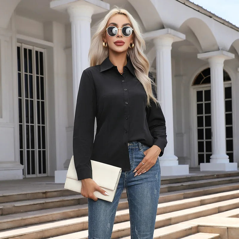 Chemise Femme Unie Manches Longues Col Rabattu
