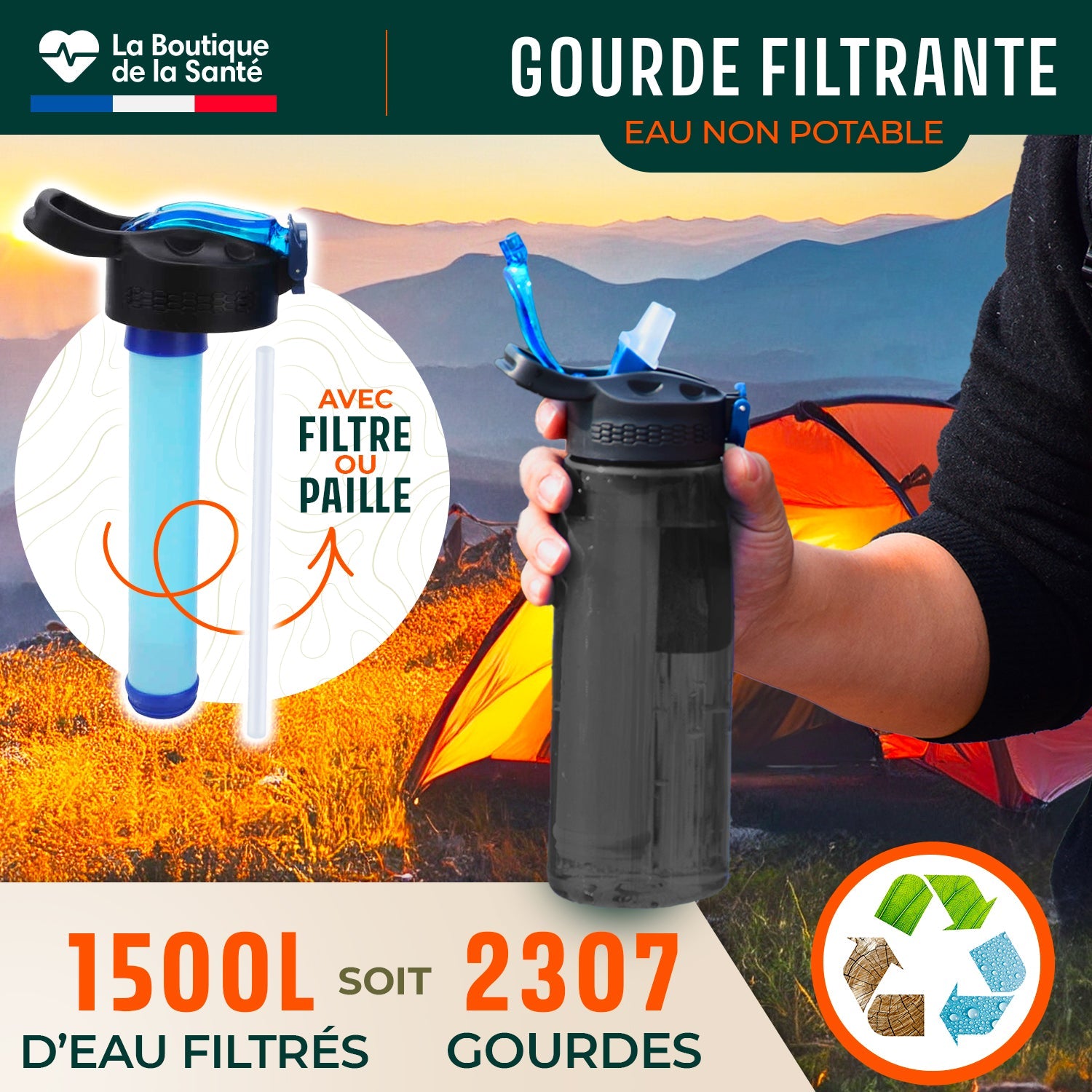 Gourde filtrante pour eau non potable + E-BOOK OFFERT