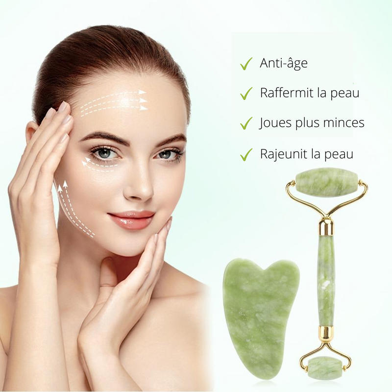 Coffret complet de massage : Rouleau Pierre de Jade et Pierre Gua Sha