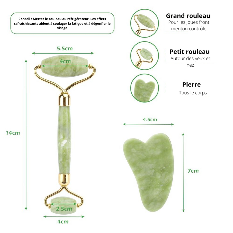 Coffret complet de massage : Rouleau Pierre de Jade et Pierre Gua Sha