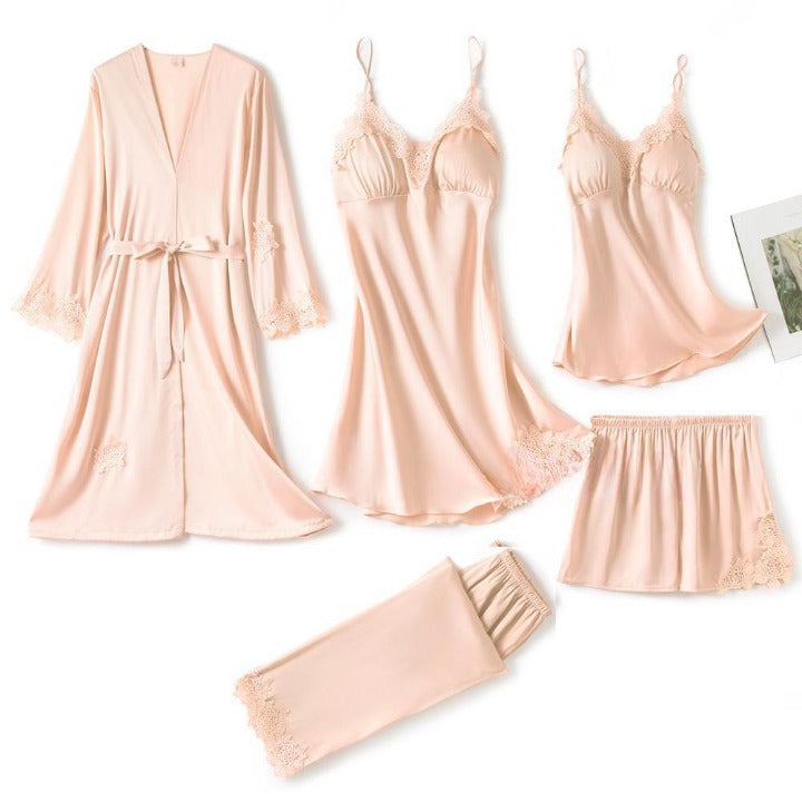 Ensemble de Pyjama 5 Pièces en satin et dentelle