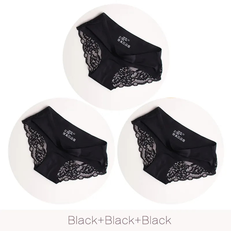 Lot de 3 Culottes en soie glacée invisibles avec dentelle