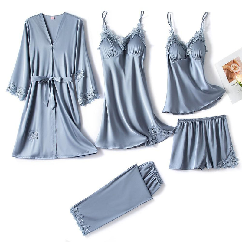 Ensemble de Pyjama 5 Pièces en satin et dentelle